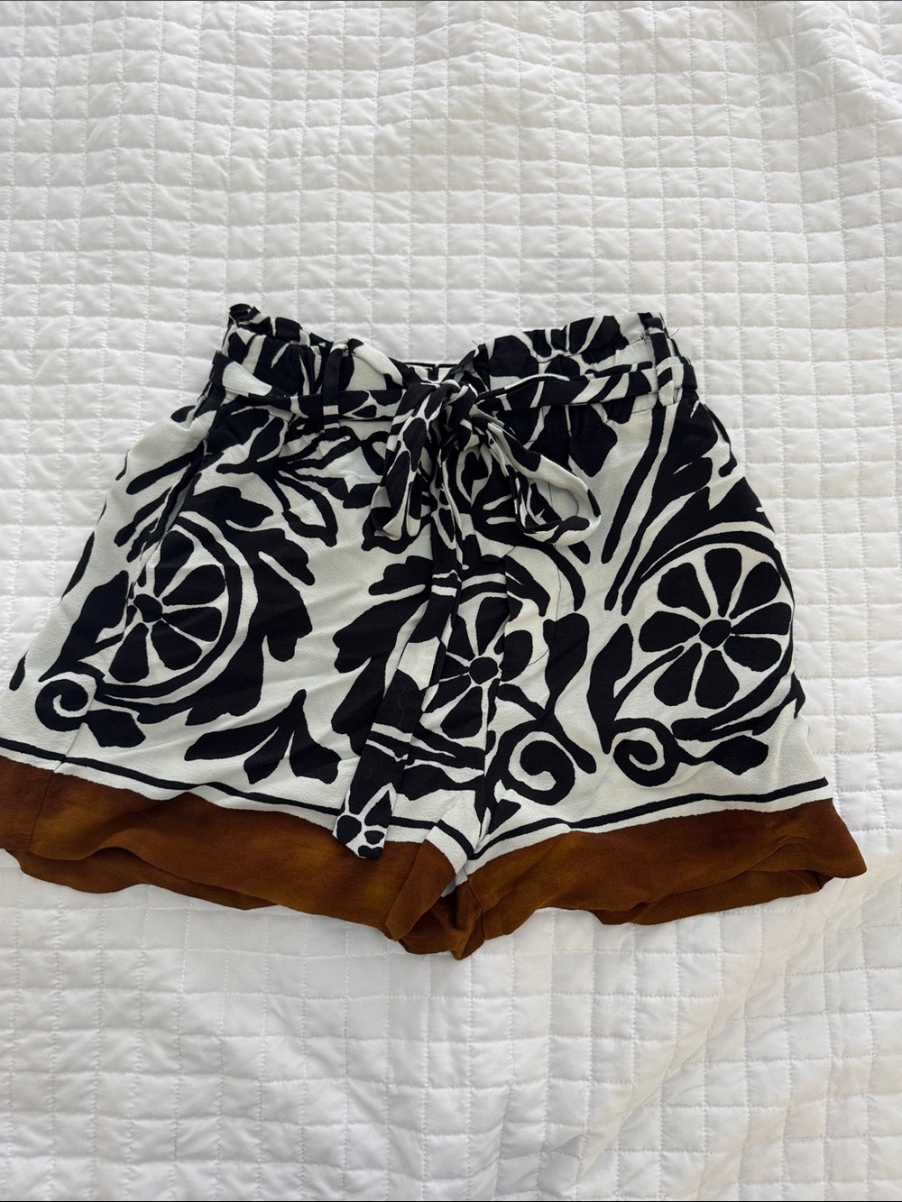 Zara Black & White Floral-Pattern High-Waist Shorts with Brown Hem